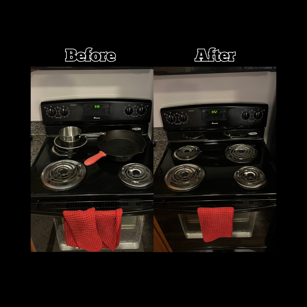 Comparison of stove before and after cleaning, showing four coil burners, a red cloth hanging from the oven handle, with the "before" side messy and the "after" side clean.