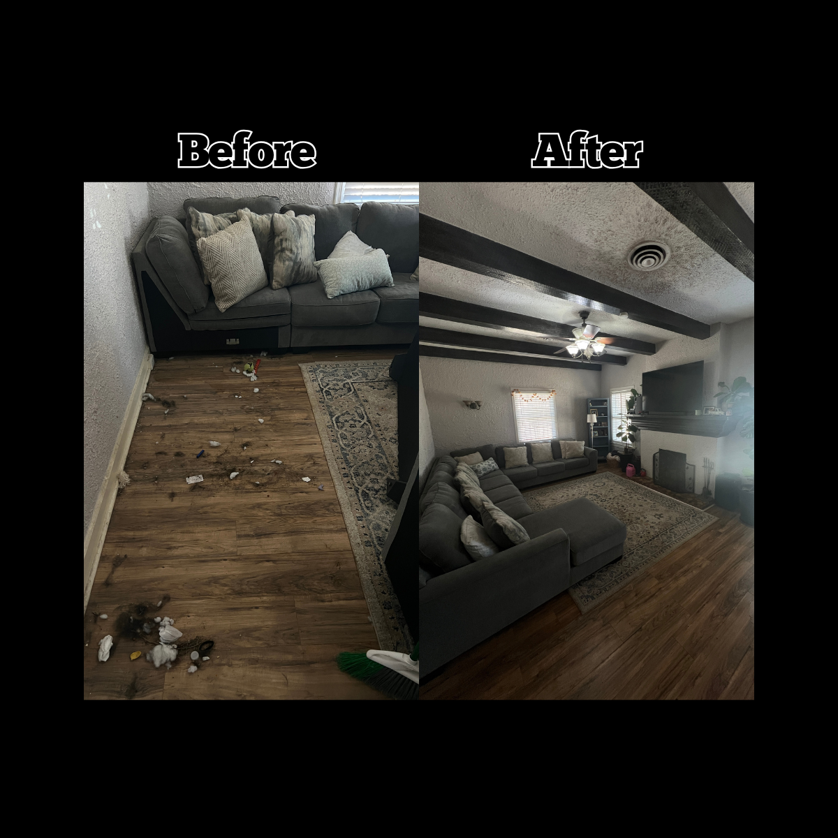 Comparison of a living room before and after cleaning. The left side shows a messy room with a dirty floor, scattered trash, and a couch with pillows. The right side shows the same room after cleaning, with a tidy floor, organized furniture, and a cl