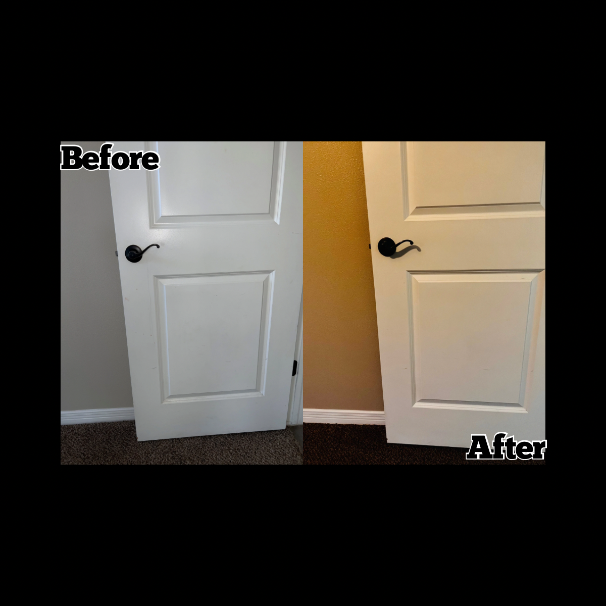 Comparison of a white interior door before and after repainting, with black door handle on each, showing the change in door appearance.