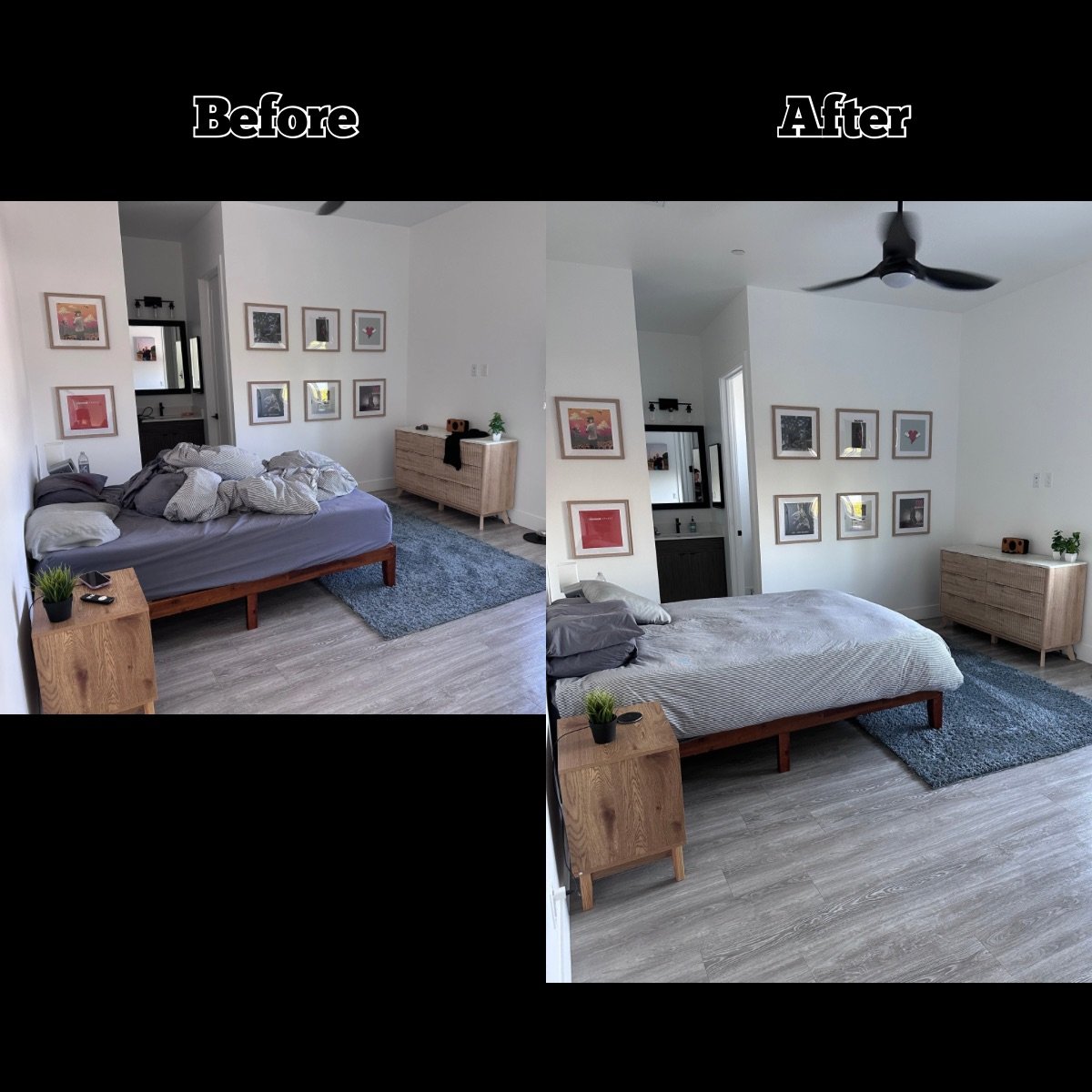 Comparison of a bedroom before and after tidying up, with the bed made and the room organized in the after image.