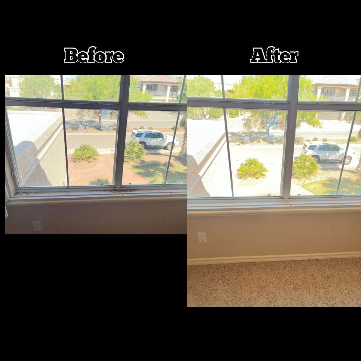 Comparison of a window before and after cleaning, showing clearer glass and improved appearance.
