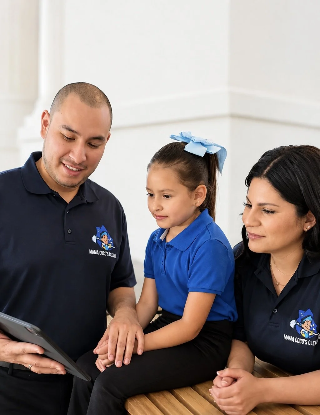 A man, woman, and young girl sitting together, looking at a tablet, with the man showing something off. They are wearing work uniforms with a logo that says "Mama Coco's Clean".