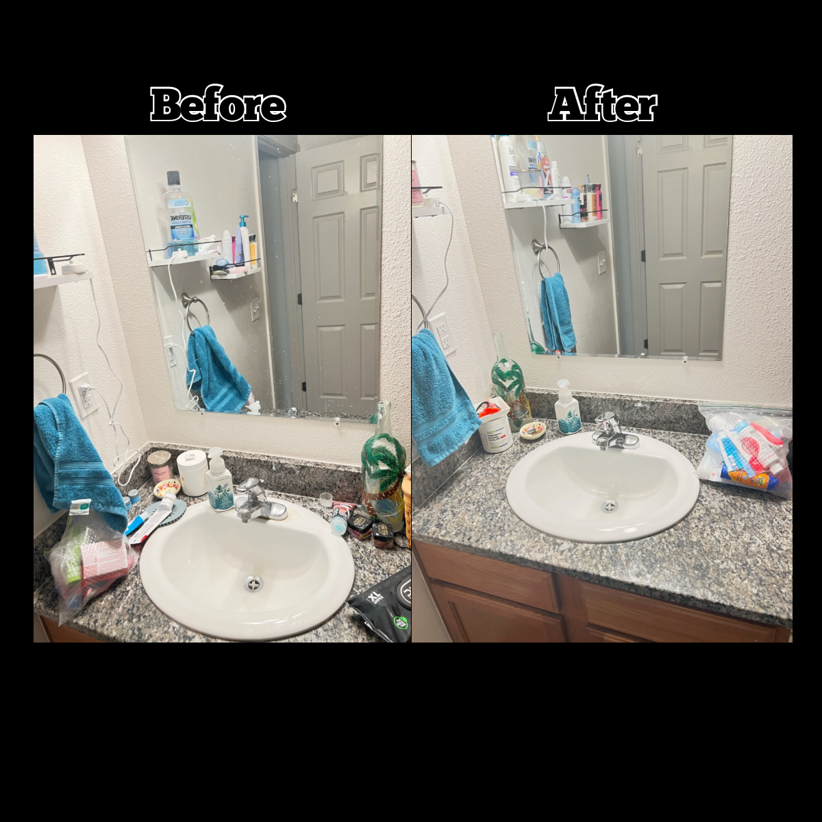 Side-by-side comparison of a bathroom mirror and countertop before and after cleaning, showing reduced clutter and cleaner surfaces.