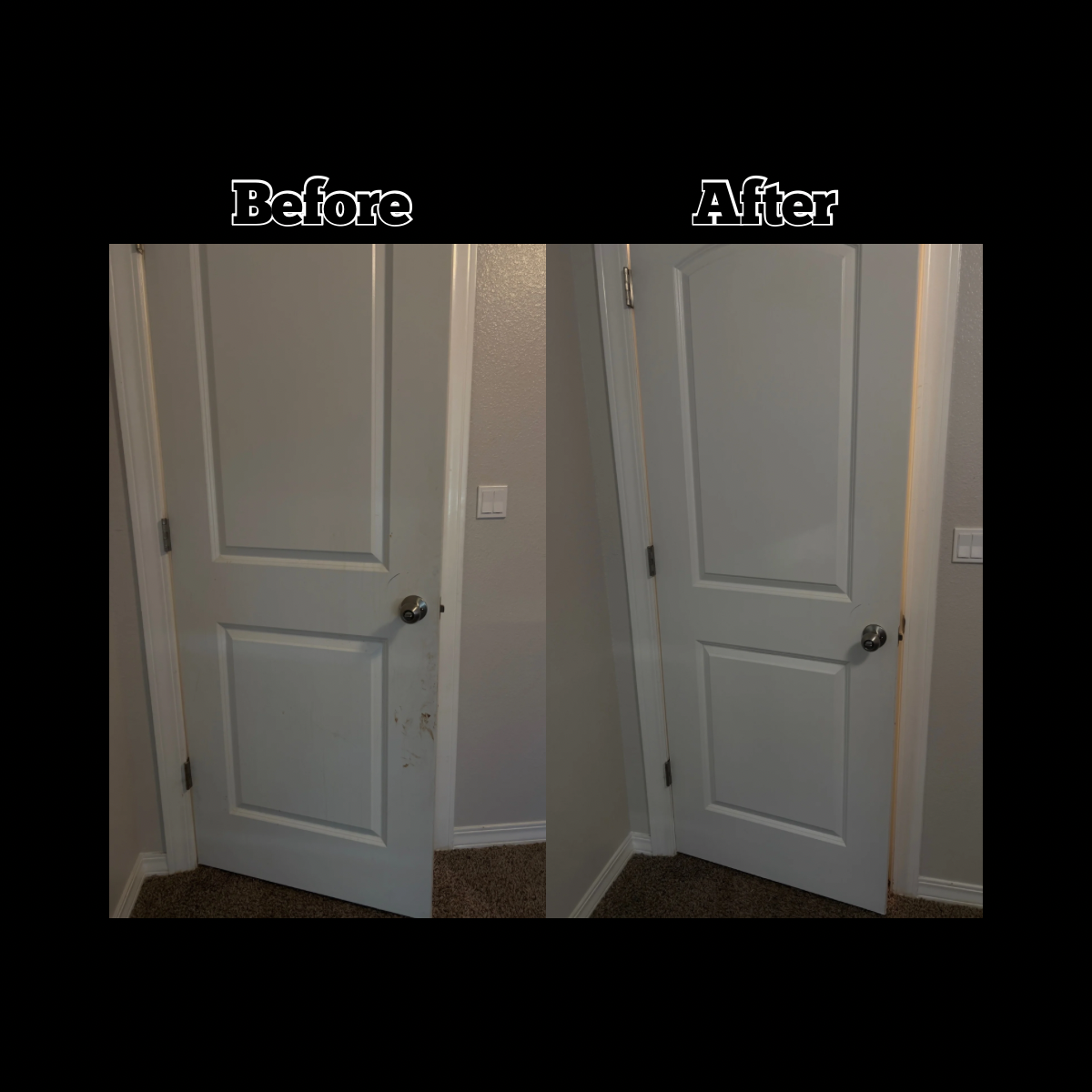 Comparison photo showing a door before and after cleaning or repair, with the 'Before' side having dirt and marks, and the 'After' side looking clean and freshly painted.