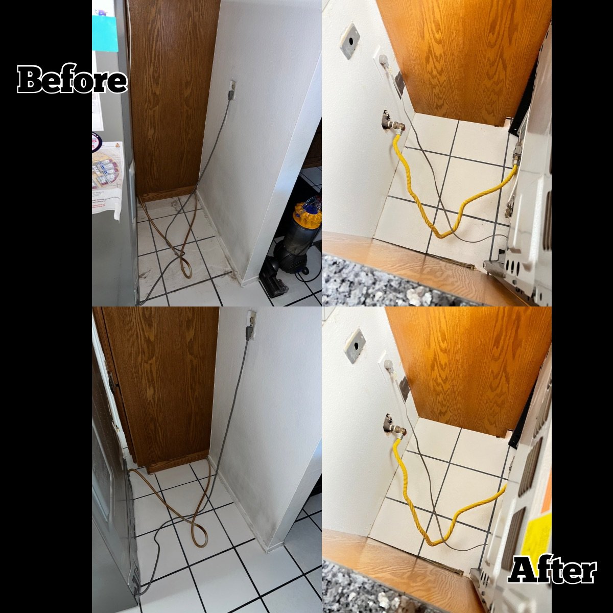 Before and after photos of a kitchen appliance connection with removed cords and new gas line fitting installed.