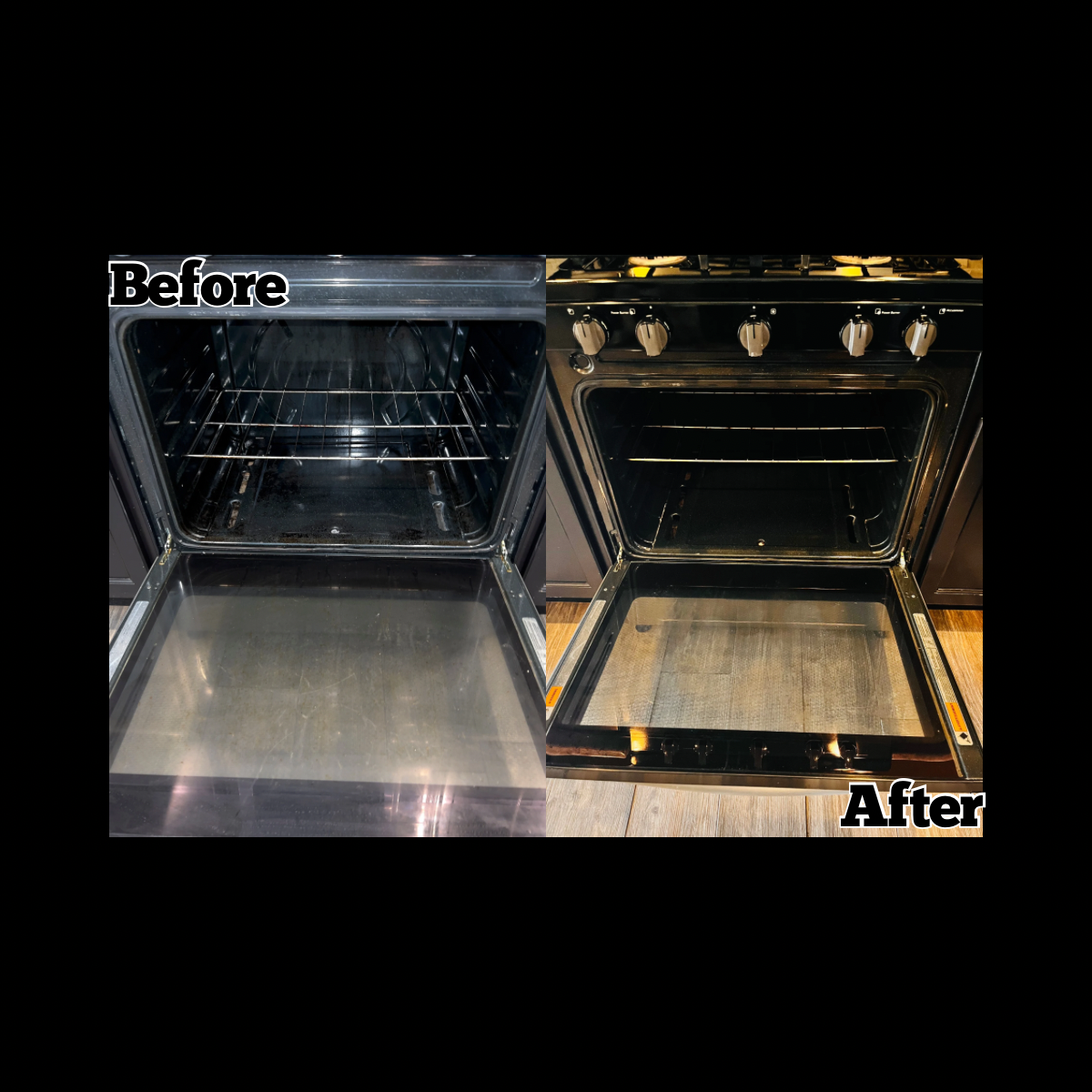 Side-by-side comparison of an oven interior before and after cleaning, showing a clean, shiny oven in the after image and a dirtier oven in the before image.