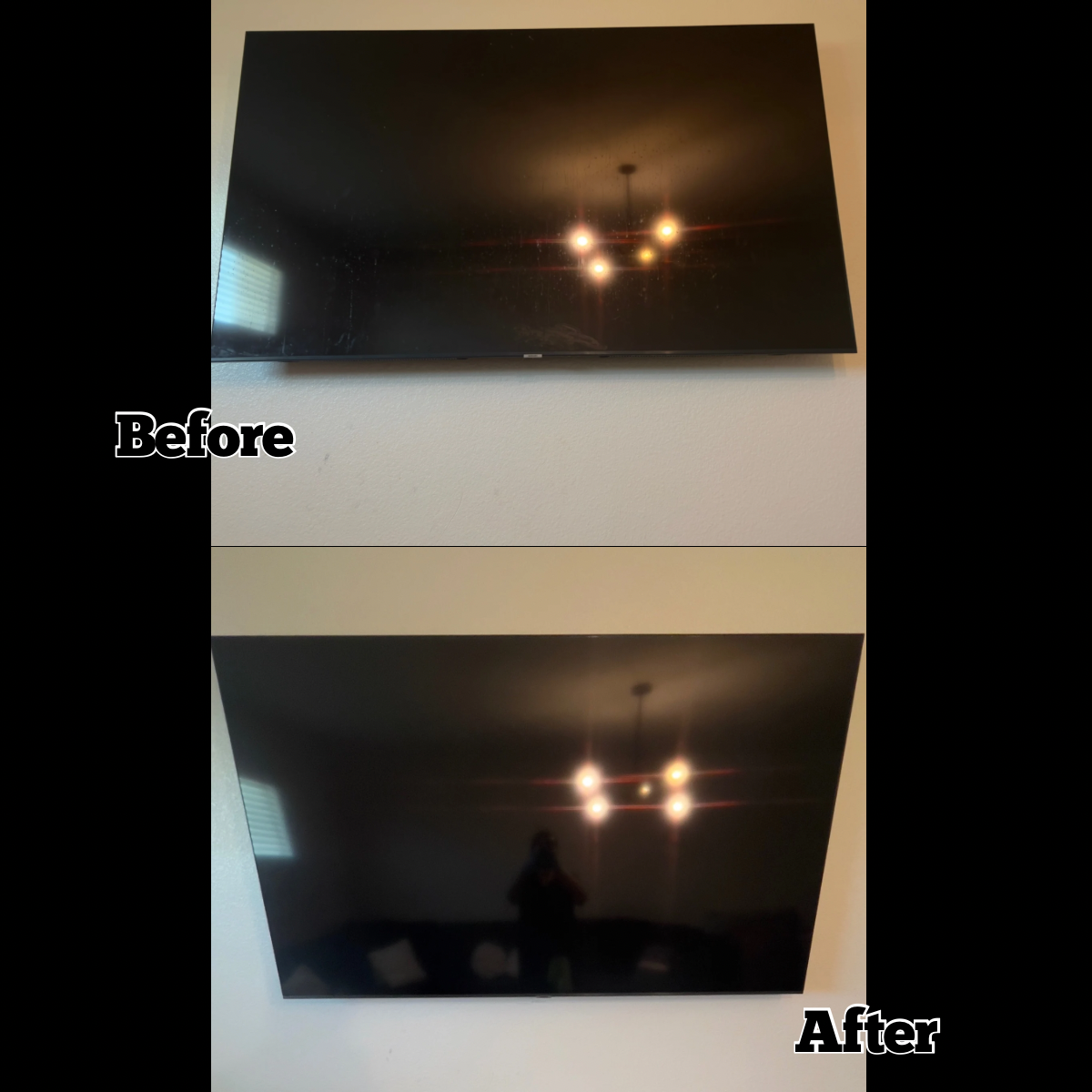 Comparison of a TV screen before and after cleaning, showing reduced dust and smudges in the after photo.