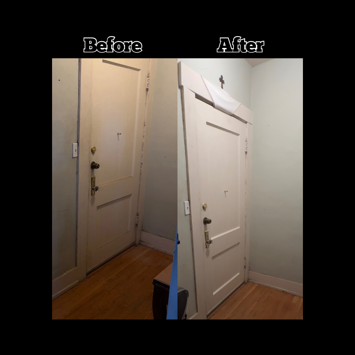 Comparison image showing a door before and after painting. Before side has an off-white door with multiple locks, the after side has a freshly painted white door with a wrapped top section.