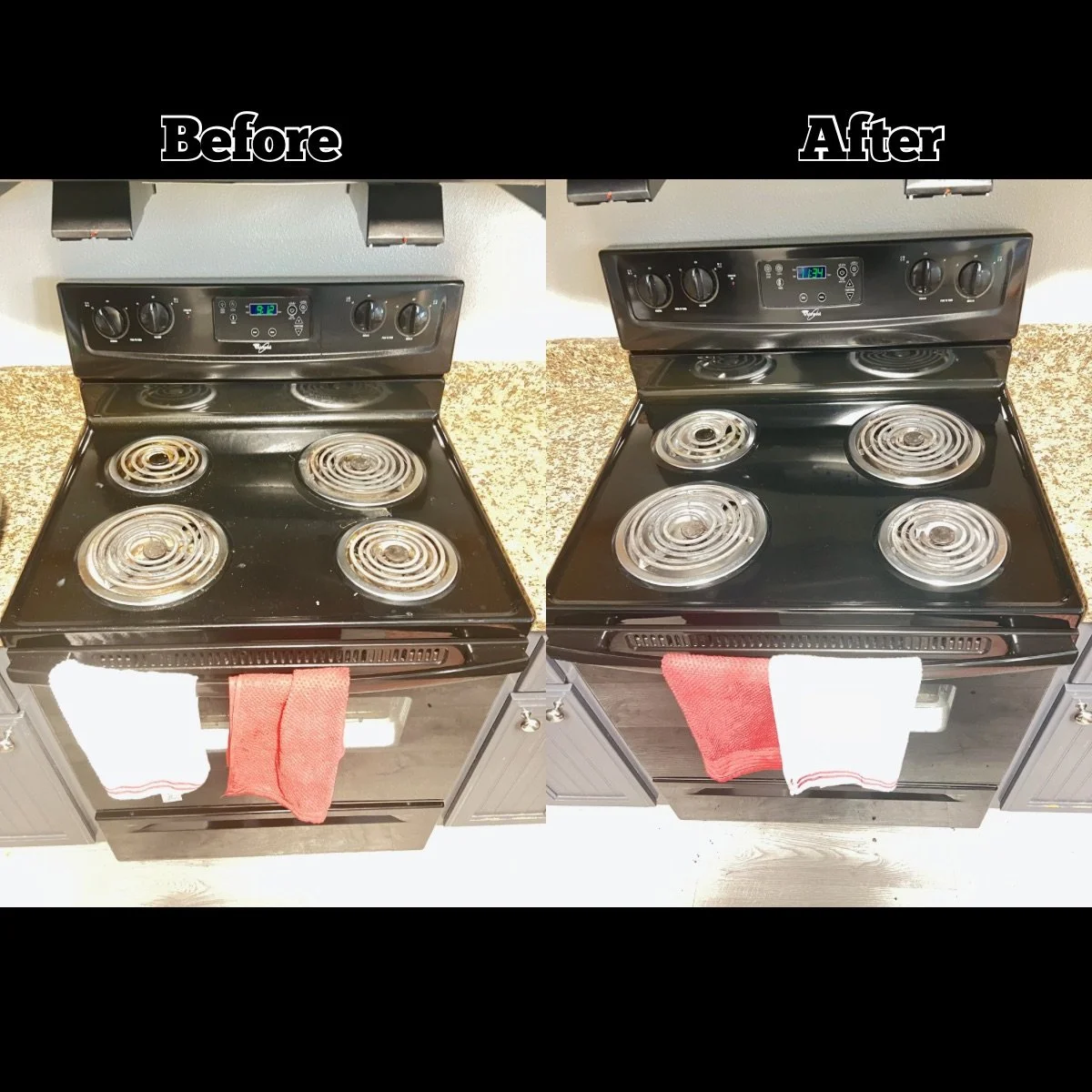 Comparison of a black electric stove before and after cleaning, with two towels hanging on the oven handle.