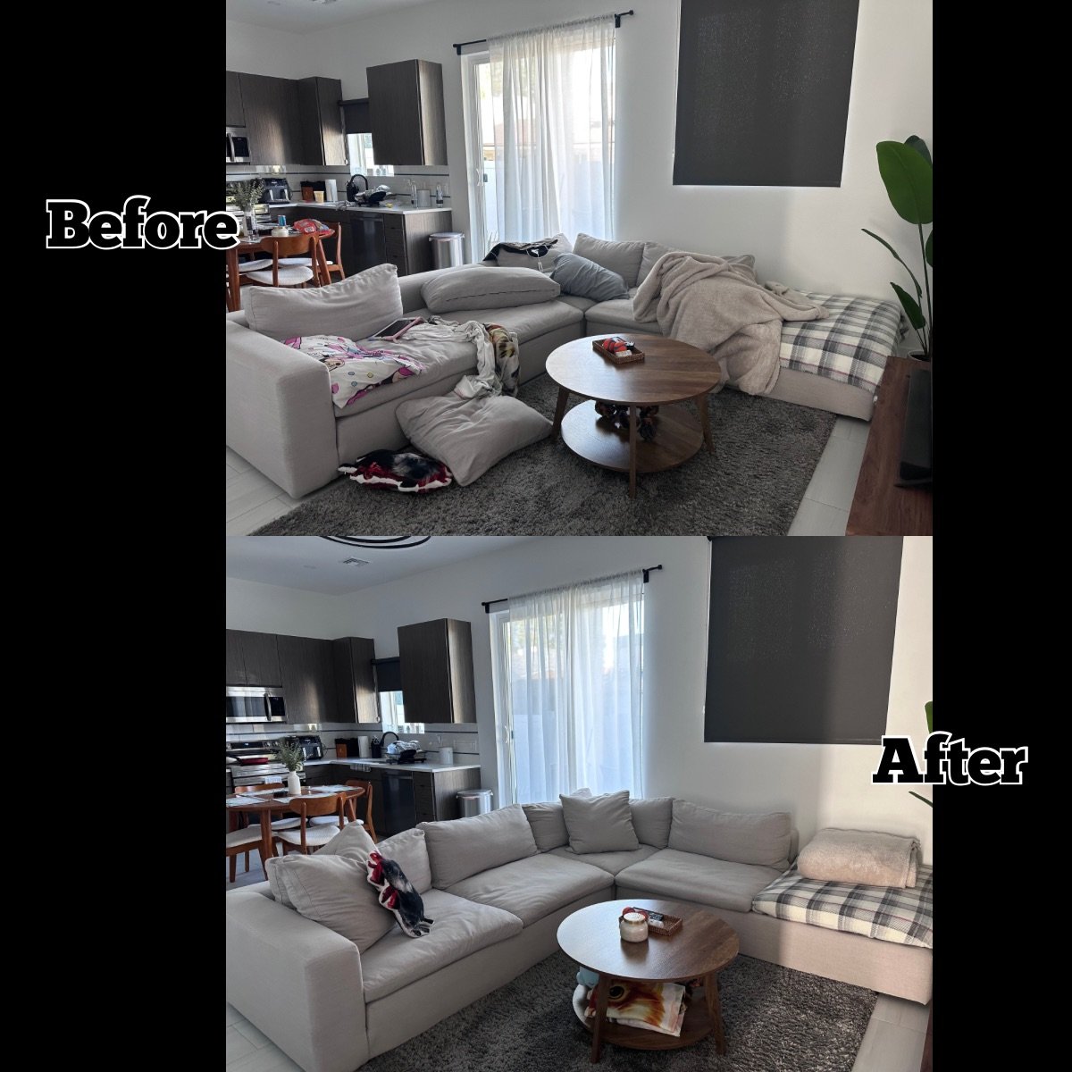 Comparison of a living room before and after cleaning. The 'Before' shows a cluttered sofa with blankets, pillows, and items scattered, while the 'After' shows a tidy sofa with neatly arranged pillows and a clean surface.