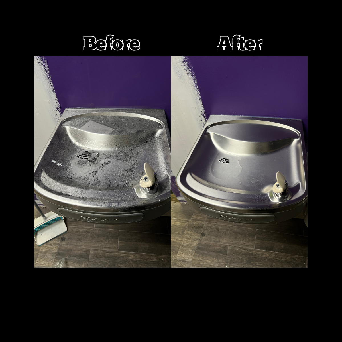 Comparison of a dirty, blackened metal sink before cleaning and a clean, shiny metal sink after cleaning, with purple wall background and dark wood flooring.