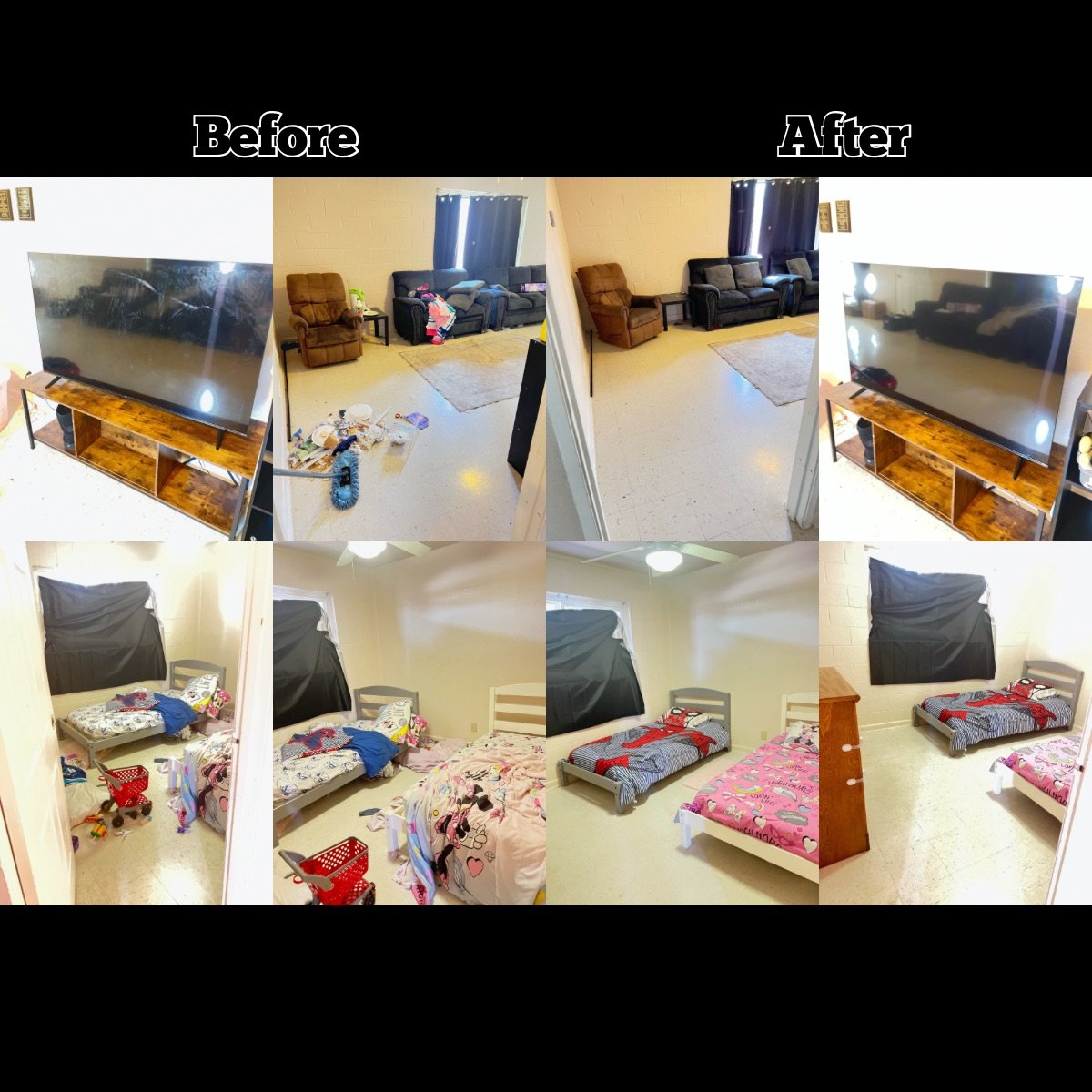 Comparison of living room and bedroom before and after cleaning. Top row shows living room with messy floor before and tidy after. Bottom row shows child's bedroom with clutter before and organized after.