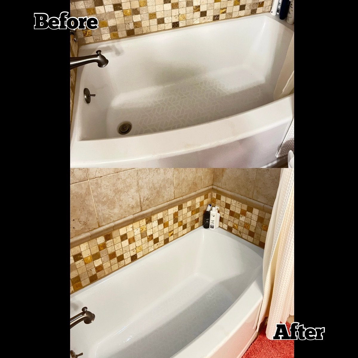 Comparison of a bathtub before and after cleaning, with the 'before' showing a dirty tub and the 'after' showing a clean tub, both with tiled backgrounds.