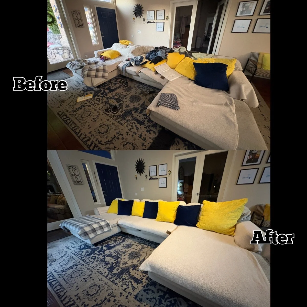 Before and after images of a living room with a large sectional sofa. In the "before" photo, the sofa is cluttered with laundry and pillows, and the area appears untidy. In the "after" photo, the sofa is neatly arranged with coordinated pillows, and 