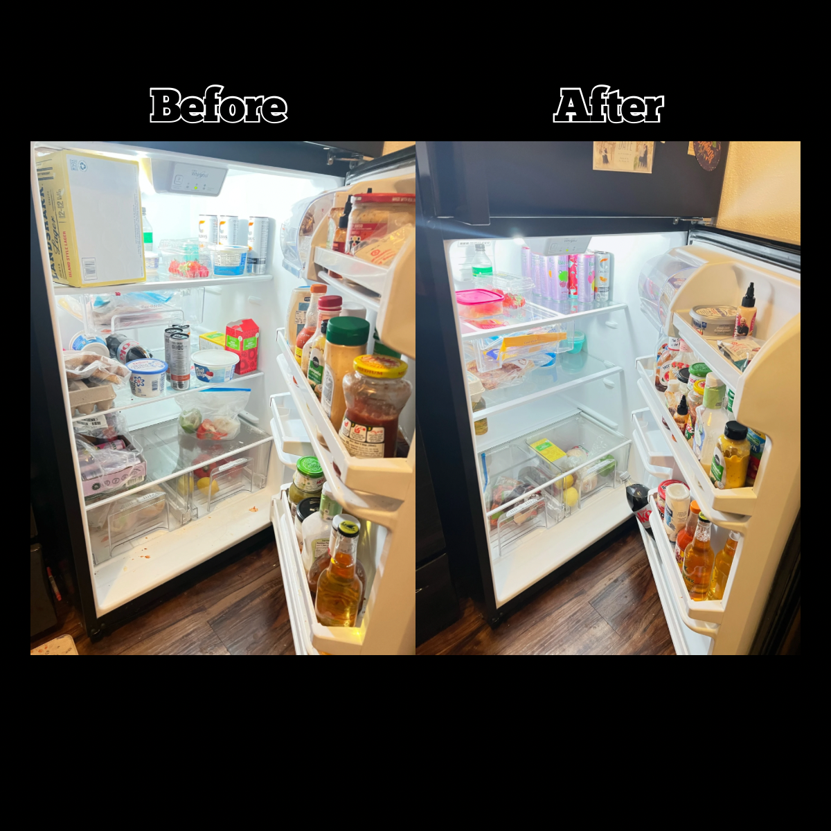 Comparison of an open refrigerator before and after organizing, with the "before" side cluttered and the "after" side neatly organized.