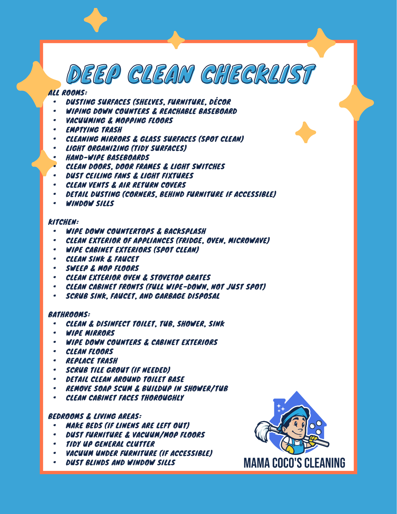 A cleaning checklist titled 'Deep Clean Checklist' and a cartoon mascot of a girl with a mop, with the text 'Mama Coco's Cleaning' at the bottom. The checklist includes detailed cleaning tasks for rooms, kitchens, bathrooms, and living areas.