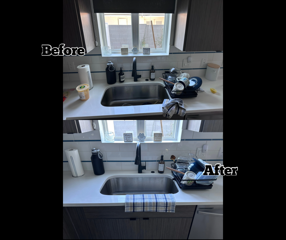 A kitchen sink area before and after cleaning. Before image shows clutter including dishes, cups, and cleaning supplies. After image shows the sink cleared and a towel hanging over the counter near the sink.