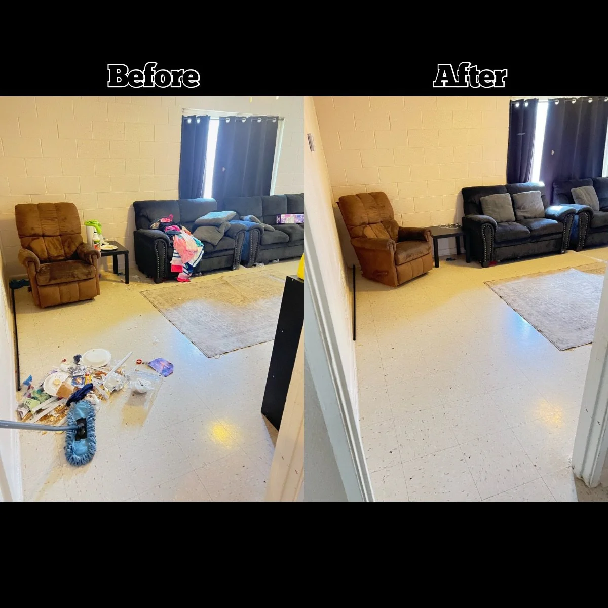 Comparison of a cluttered living room before and after cleaning, with a brown armchair and a black sofa against a wall with a window, showing dirty clutter on the floor in the before image and a clean, organized room in the after image.