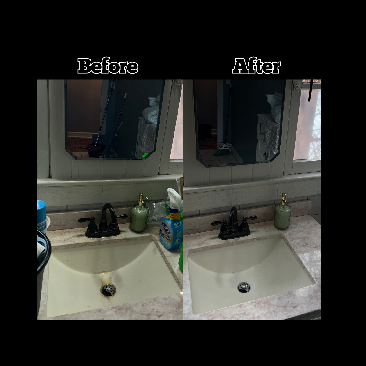 Side-by-side comparison of a bathroom sink before and after cleaning, showing a cleaner and whiter sink in the "After" image.