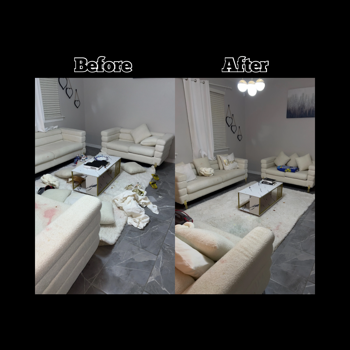 Comparison of a living room before and after cleaning. Before image shows clutter and messy sofas, and unorganized items on the floor. After image shows a tidy room with clean sofas, a clear carpet, and organized items.