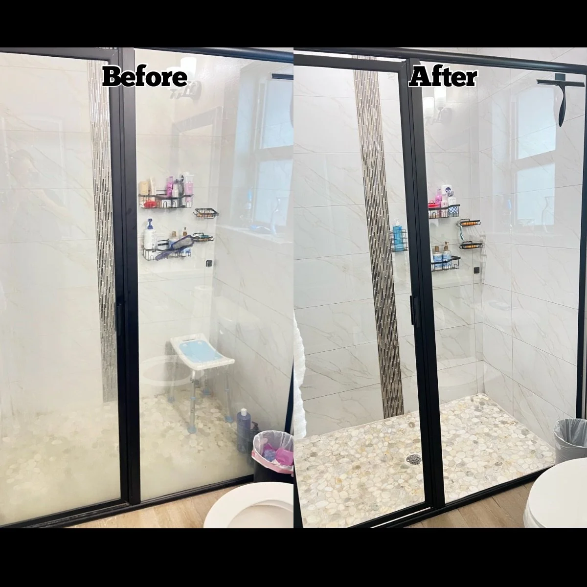 Comparison of a bathroom shower area before and after cleaning. The 'before' side shows a foggy, dirty glass shower door with a cluttered shelf, while the 'after' side shows a clear, clean glass door with a tidier appearance.