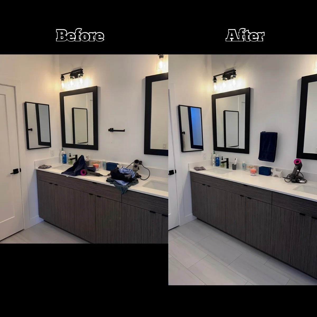 Side-by-side comparison of a bathroom before and after cleaning, showing a clean, organized vanity area with a mirror, some toiletries, hairdryer, and a towel.