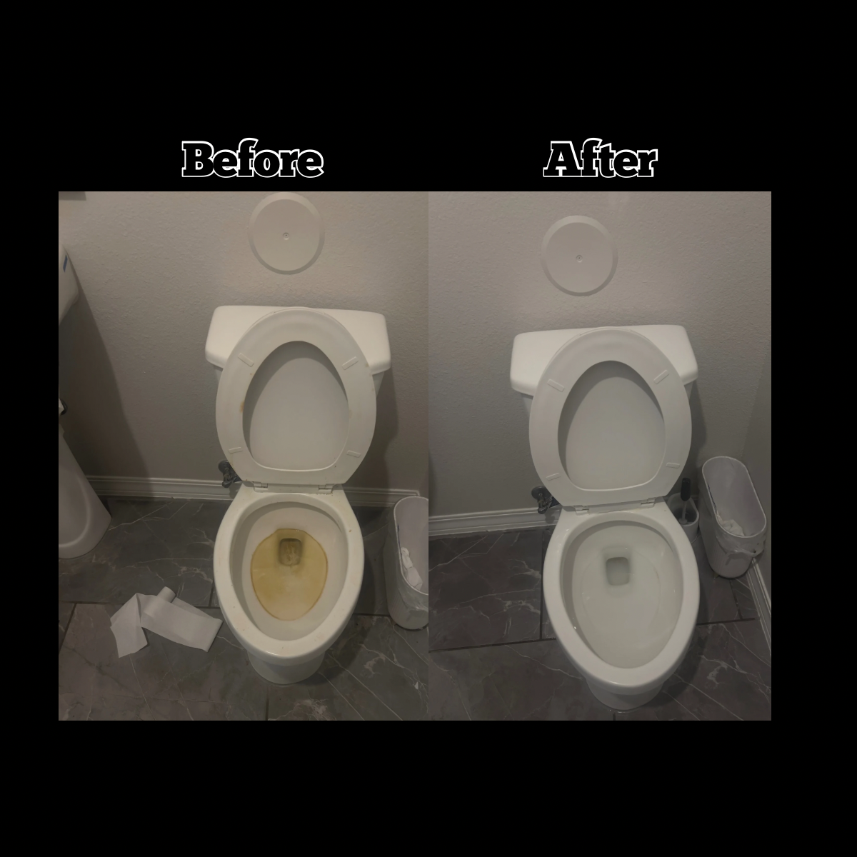 Comparison of a dirty and cleaned toilet bowl, showing before and after cleaning results.