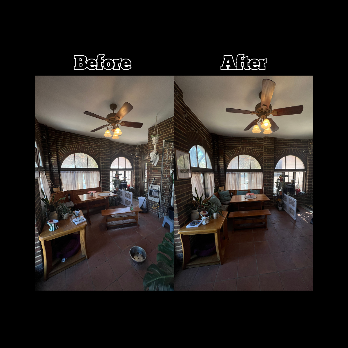 A side-by-side comparison of a sunroom before and after cleaning. The room has brick walls, large arched windows with curtains, a ceiling fan with lights, a wooden bench with cushions, and a small table with plants and decorative items.