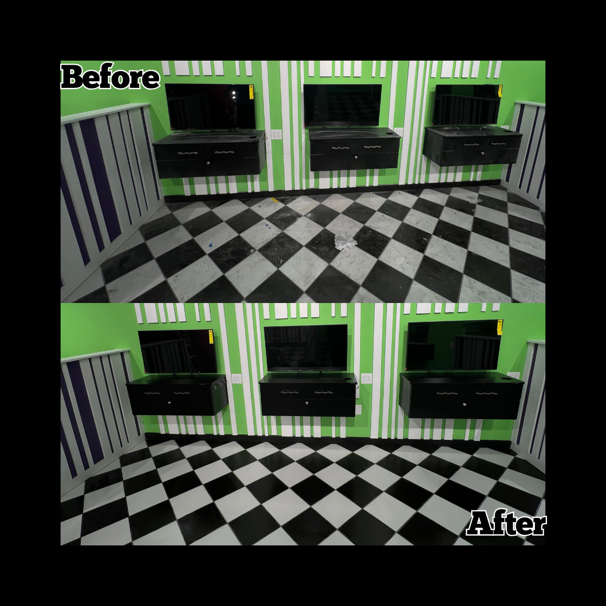 Comparison of a room with damaged floor tiles and wall paint in the top image labeled "Before," and the same room with restored floor tiles and a fresh paint job in the bottom image labeled "After." The room has three black wall-mounted TV stands wit