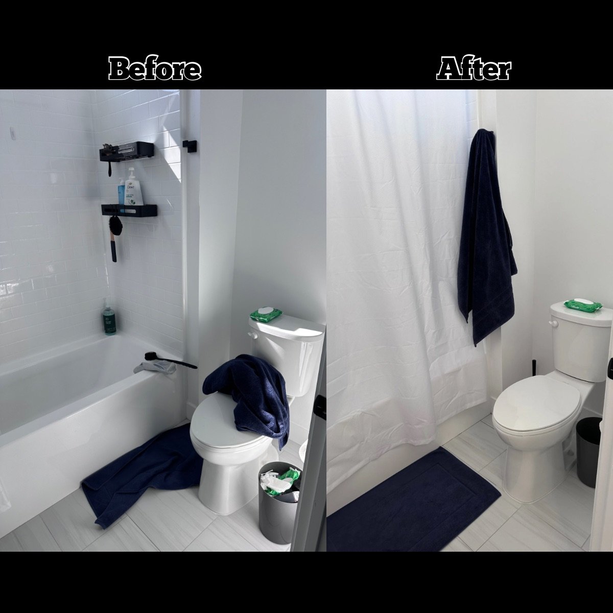 Comparison of a cluttered bathroom before cleaning and a tidy bathroom after cleaning, featuring a bathtub, toilet, shower curtain, and bathroom accessories.