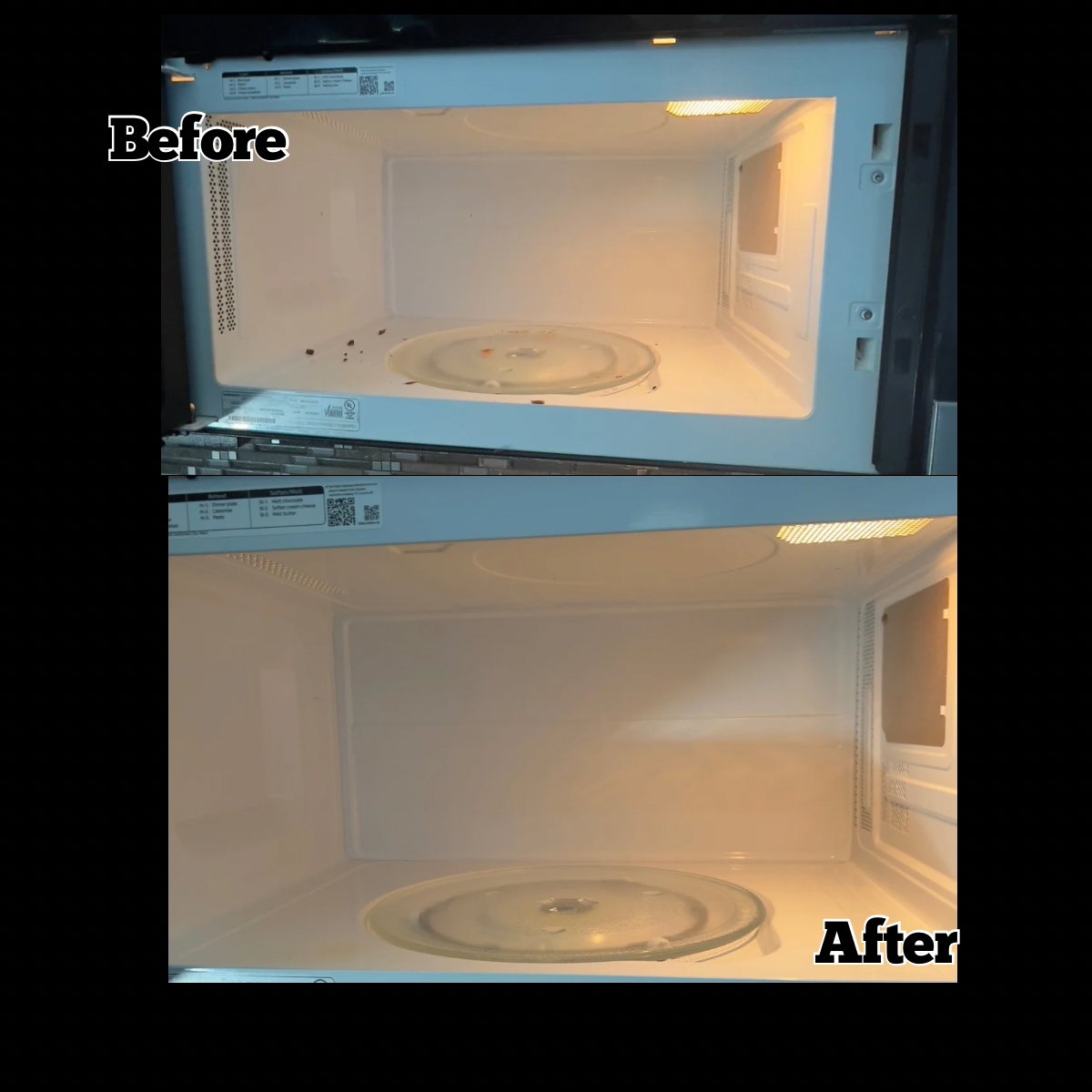 Before and after images of a microwave oven interior, showing the cleaning results. The "Before" image shows dirty residue and debris inside, while the "After" image shows a clean, spotless microwave interior.