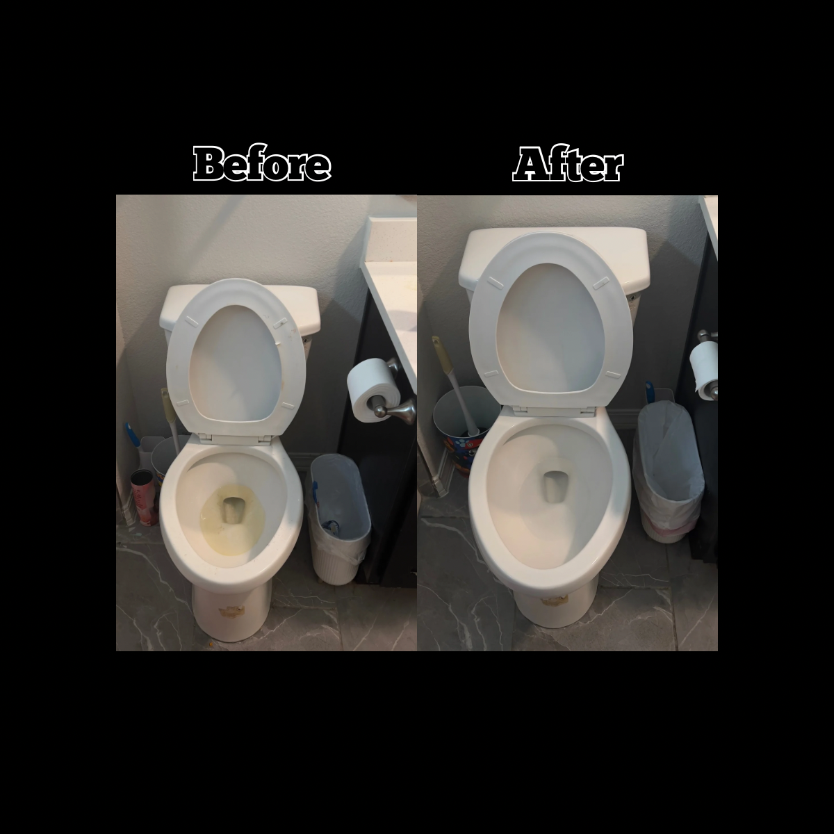 Comparison of a toilet before and after cleaning, with the 'before' side showing a stained bowl and the 'after' side showing a clean, white bowl.
