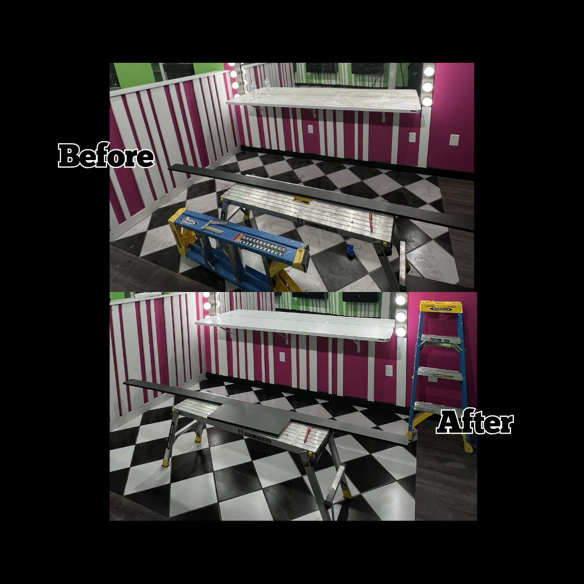 Before and after renovation of a room with pink and green striped walls, black and white checkered floor, and a white shelf. The before shows a cluttered workspace with tools and a step ladder. The after shows a clean, painted room with a new white s