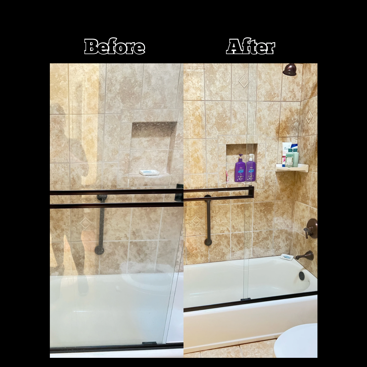 Comparison of a shower before and after cleaning; the "before" side shows a cloudy glass shower door, while the "after" side shows a clear, clean shower door with toiletries on a shelf and a white bathtub.