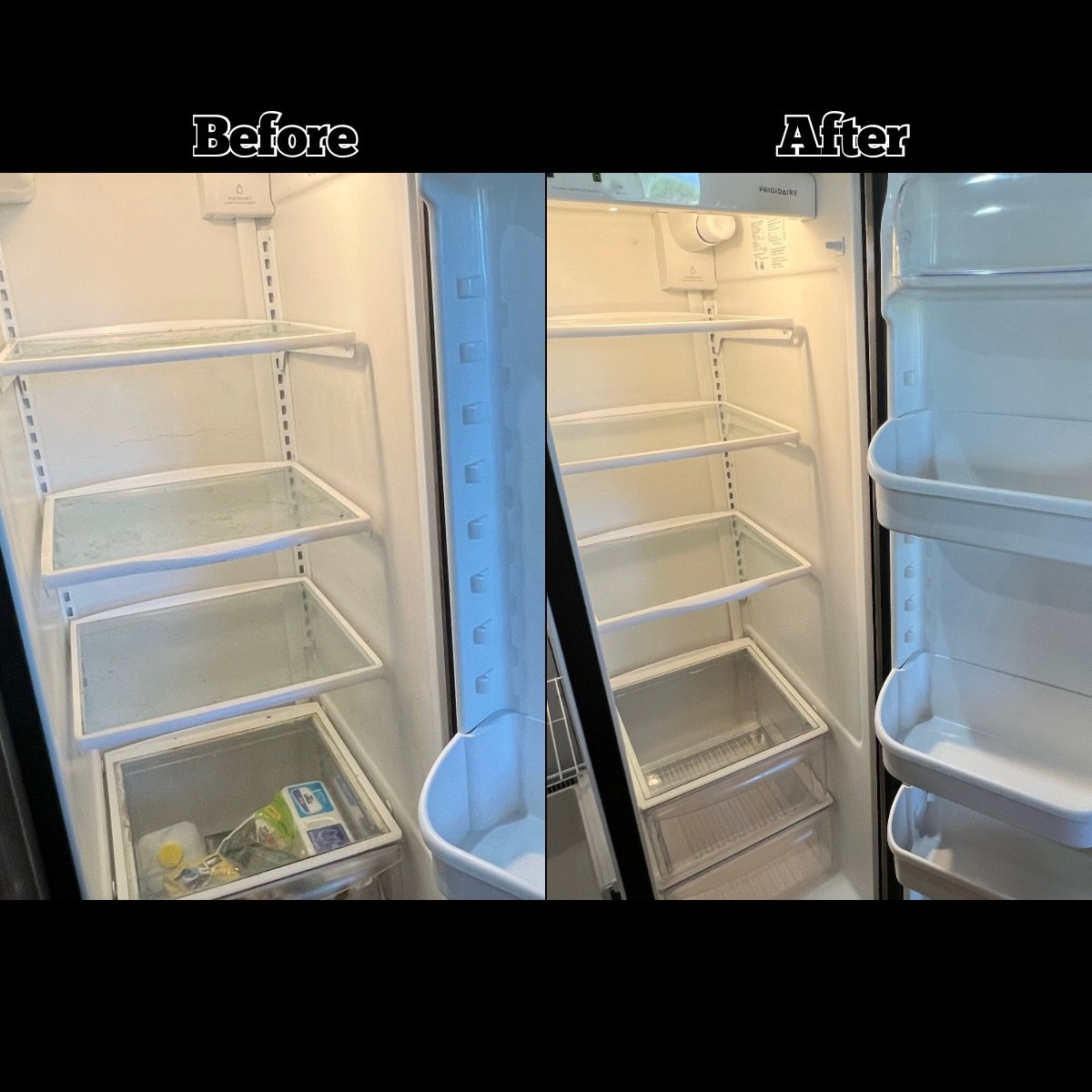 Comparison of open refrigerator door, showing empty shelves 'before' and 'after' cleaning, with some food items remaining in the bottom drawer in the 'before' image.