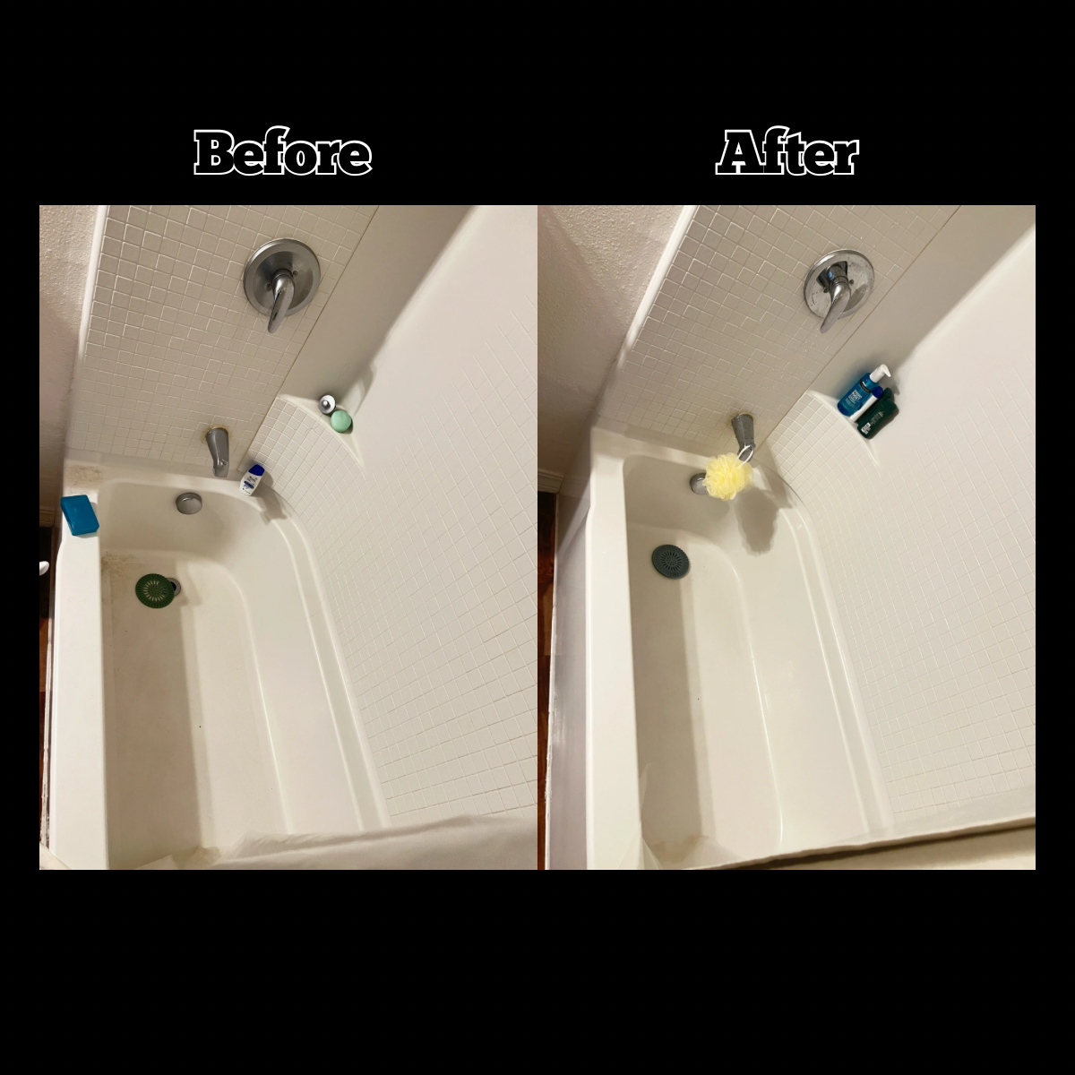 Comparison of a bathtub shower before and after cleaning. Before: the bathtub has dirt and stains, with a few bath toys on the ledge. After: the bathtub is clean, with soap bottles and a bath sponge visible.