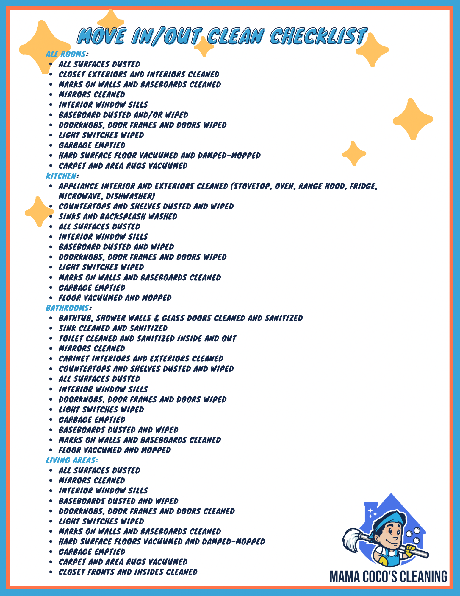 Checklist for move in/move out cleaning, including detailed tasks for all rooms, kitchen, bathrooms, living areas, and cleaning company logo at the bottom right corner.
