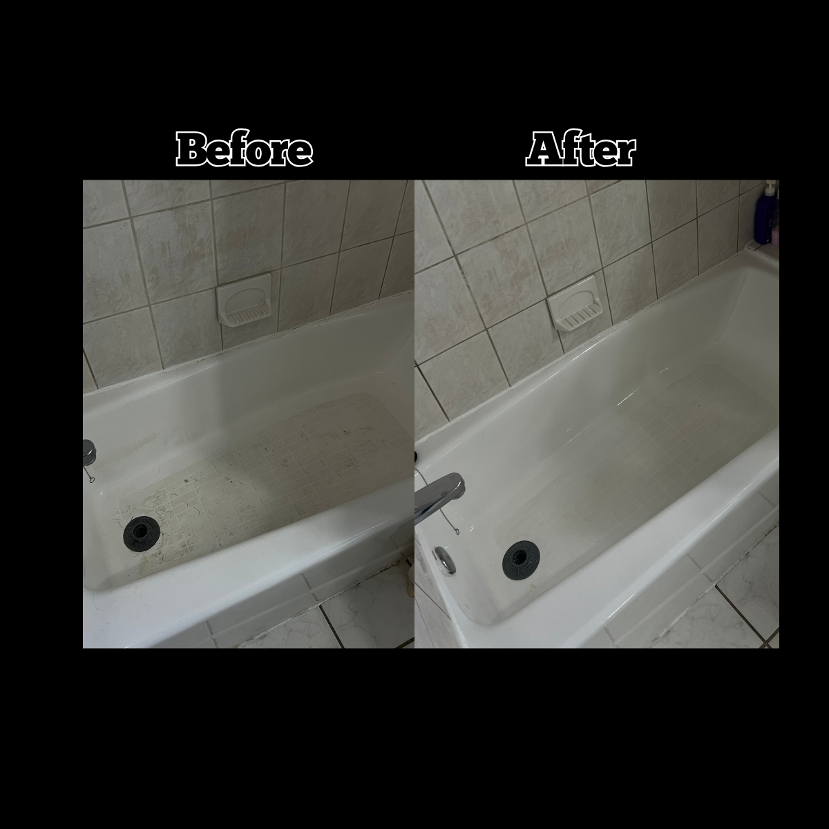 Side-by-side comparison of a bathtub, showing before cleaning and after cleaning. The before image depicts a dirty bathtub with grime and stains, while the after image shows a clean, scrubbed bathtub with no visible dirt.
