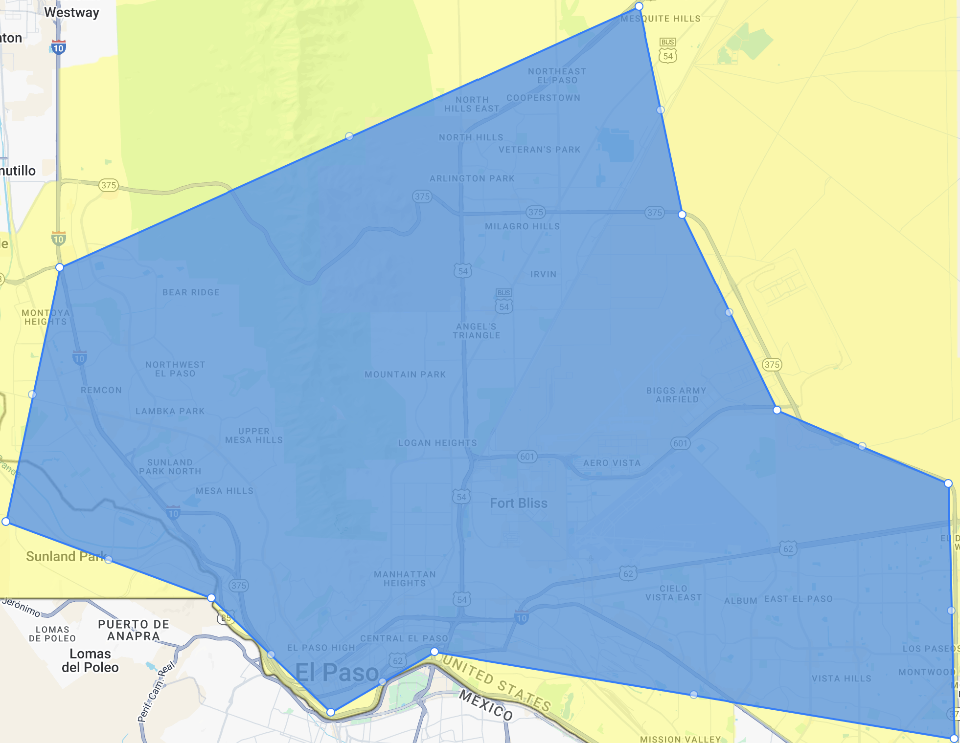 Map displaying a highlighted blue-shaded area in El Paso, Texas, with surrounding streets and neighborhoods.