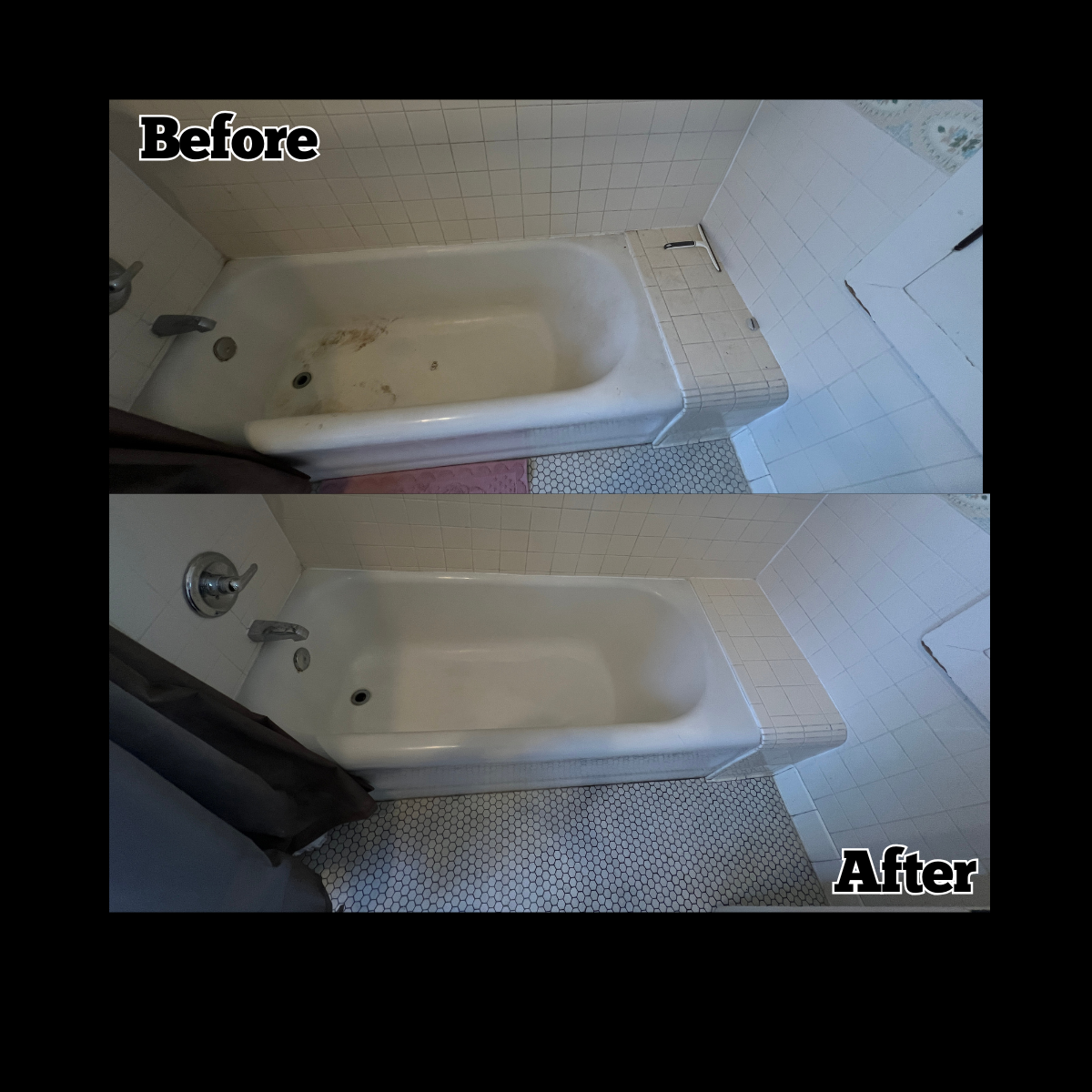 Comparison of a bathtub before and after cleaning, showing a significant reduction in dirt and stains.