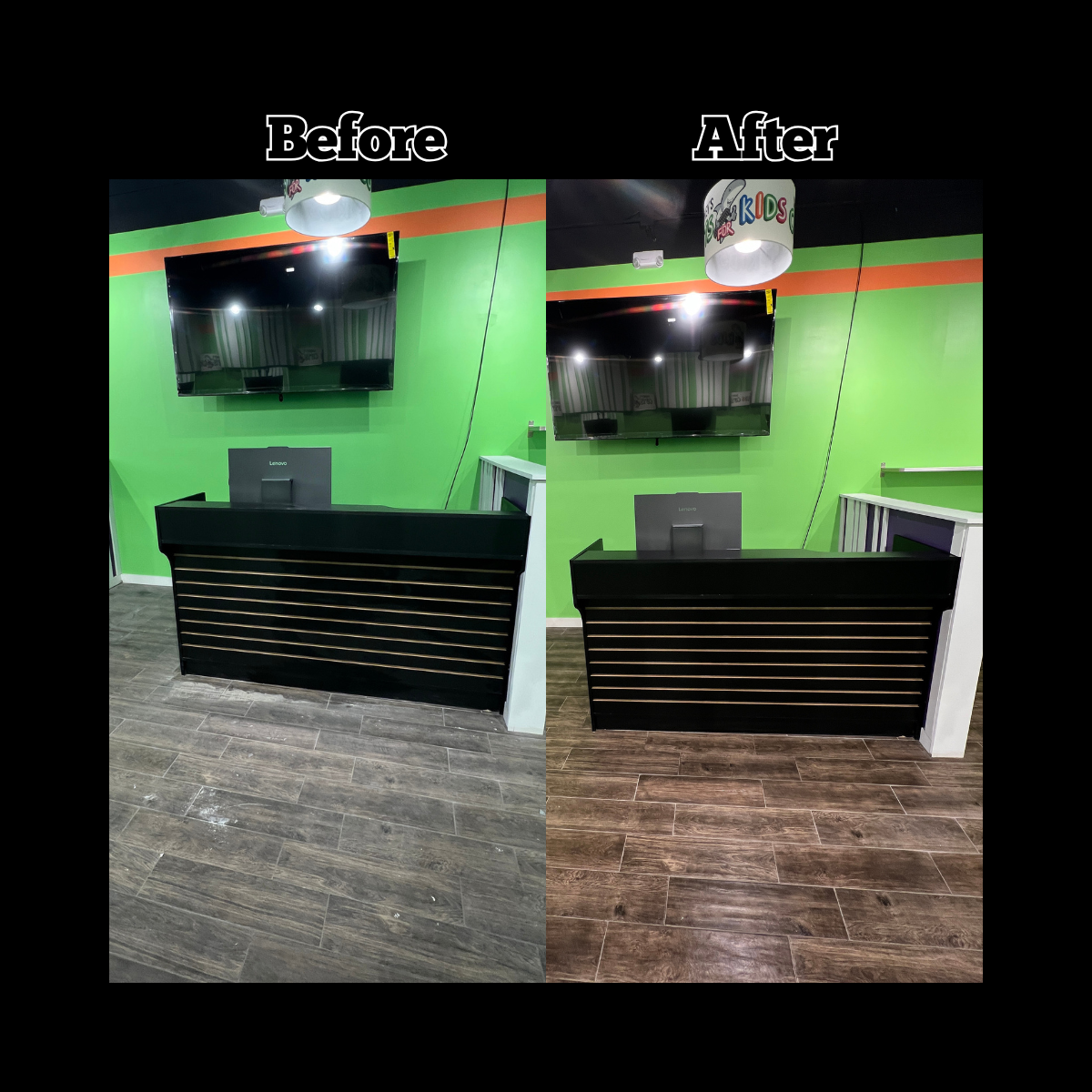 Comparison of a black reception desk before and after cleaning, with a green wall, a wall-mounted TV, and a ceiling light in the background.