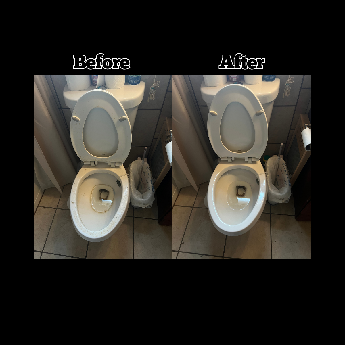 Comparison of a toilet before and after cleaning, showing the removal of stains and dirt from the toilet bowl.