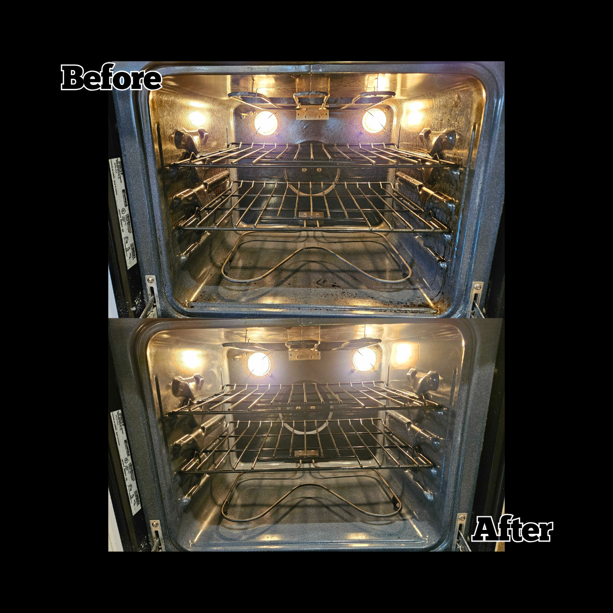 Comparison of the inside of an oven before and after cleaning, showing a cleaner oven interior in the after image.