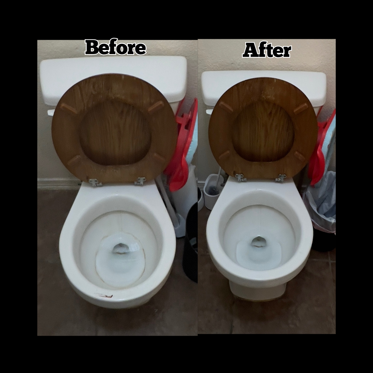 A side-by-side comparison of a toilet before and after cleaning, showing a clean toilet bowl and a clean seat.