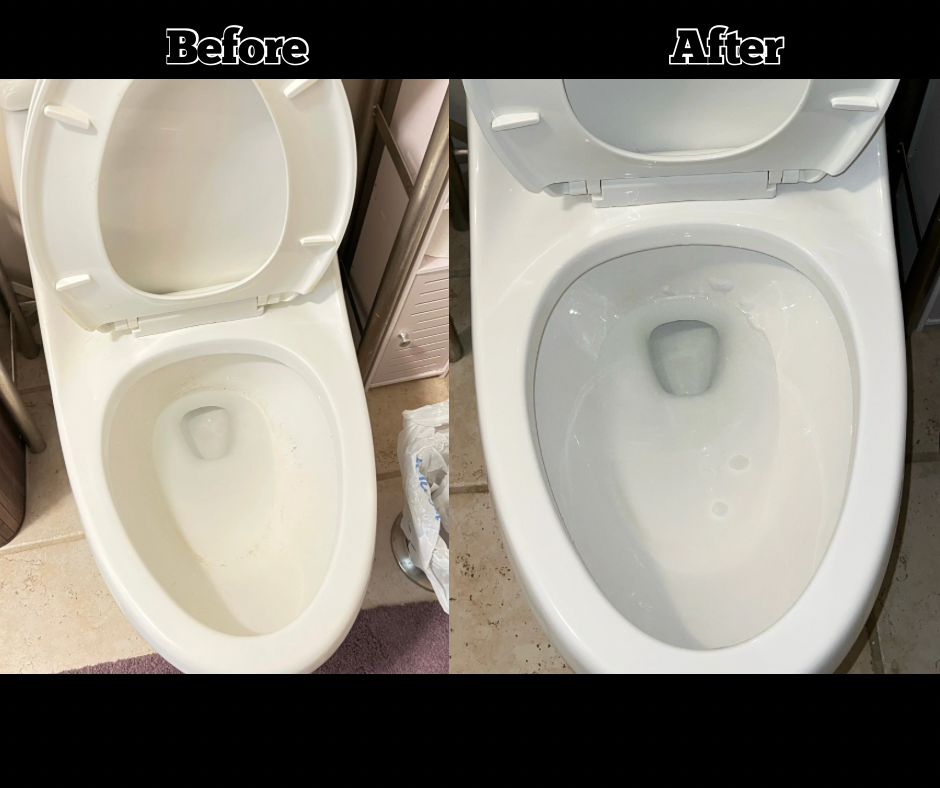 A side-by-side comparison of a toilet before and after cleaning. The 'before' shows a toilet with stains and dirt, while the 'after' shows a clean, white toilet.