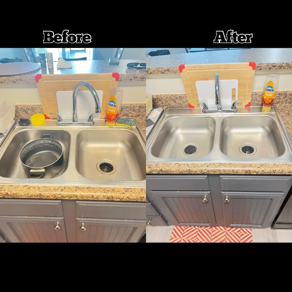 Comparison of a kitchen sink before and after cleaning. The before side shows a dirty, greasy double sink with a pot, while the after side shows a clean, shiny double sink with a faucet and a cleaning soap bottle.