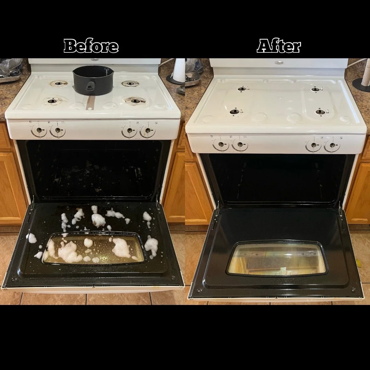 Comparison of a stovetop oven before and after cleaning: the 'before' side shows an oven with soap suds and grime, while the 'after' side shows a clean, soap-free oven interior.