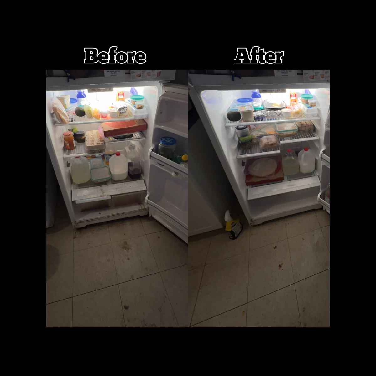 Comparison of an open refrigerator before and after organizing, with the "Before" side cluttered and the "After" side neatly arranged.