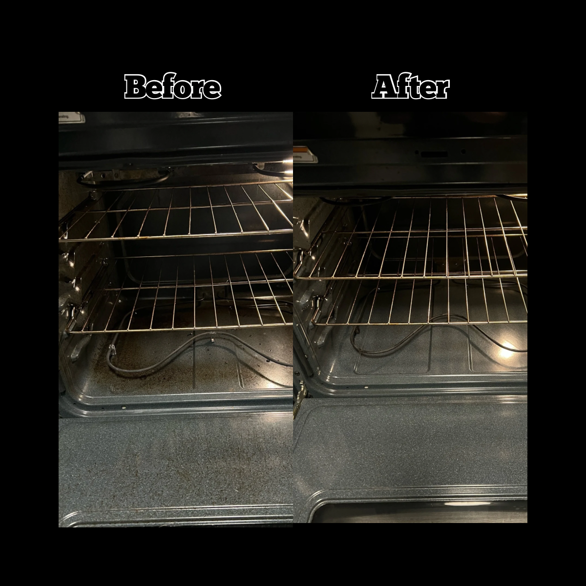 Comparison of an oven interior before and after cleaning, showing cleaner racks and interior.