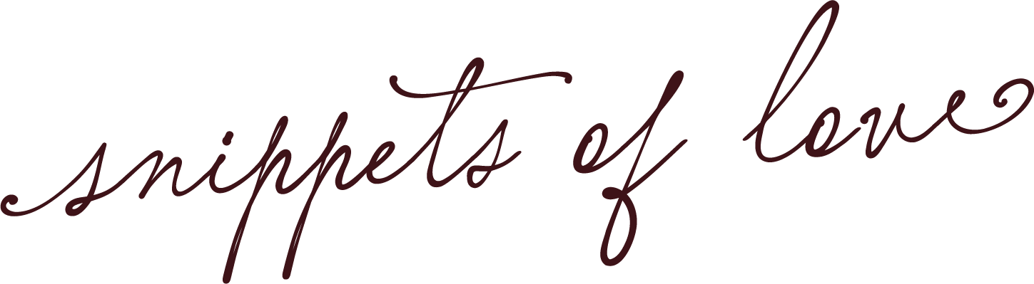 The image features the phrase "snippets of love" written in elegant, cursive script in a deep maroon color on a black background.